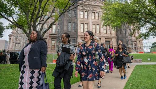 Members of an LBJ Women's Campaign School cohort visit the Texas Capitol in Austin.